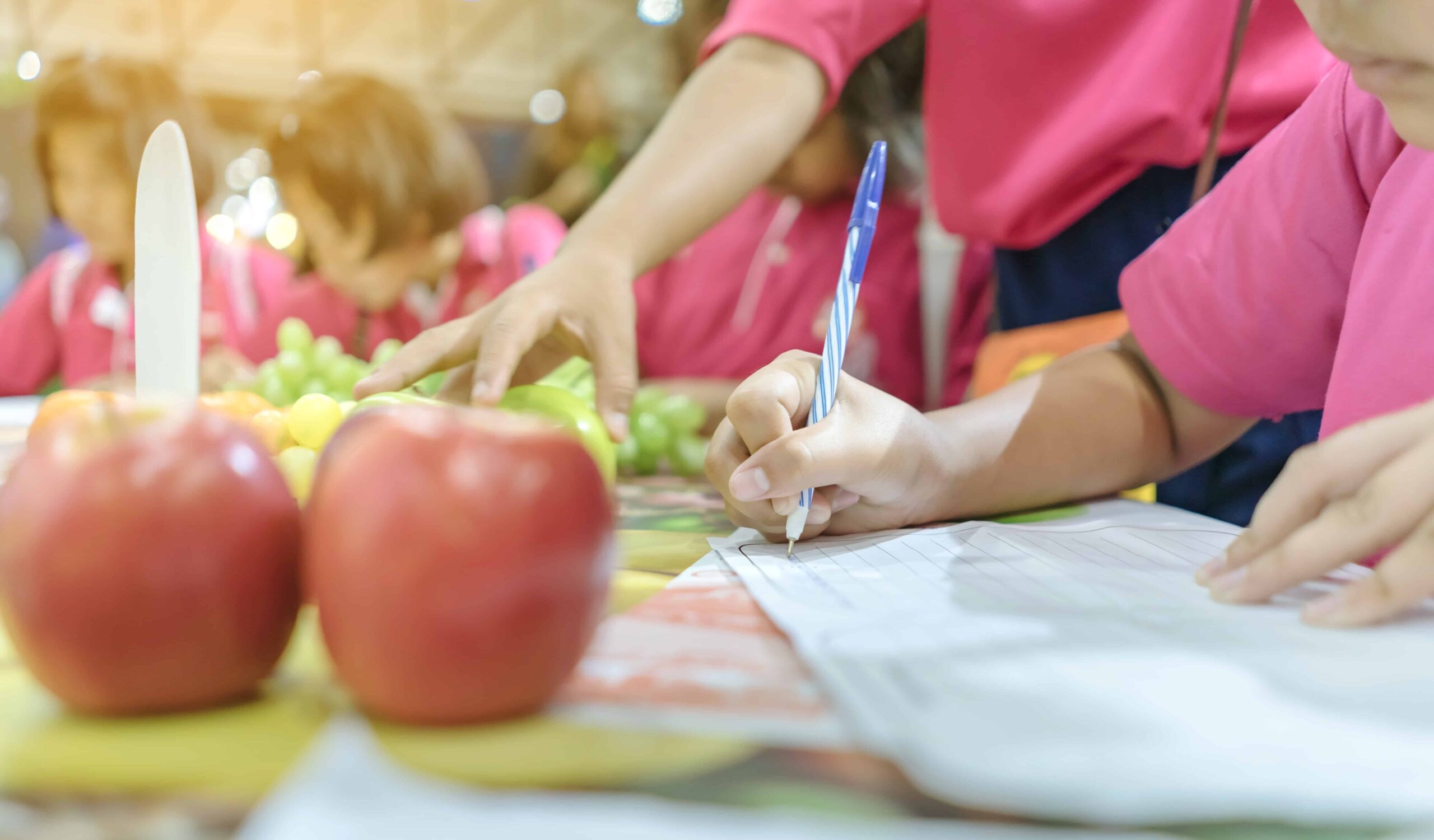 Primary school girls learn and take notes about different types